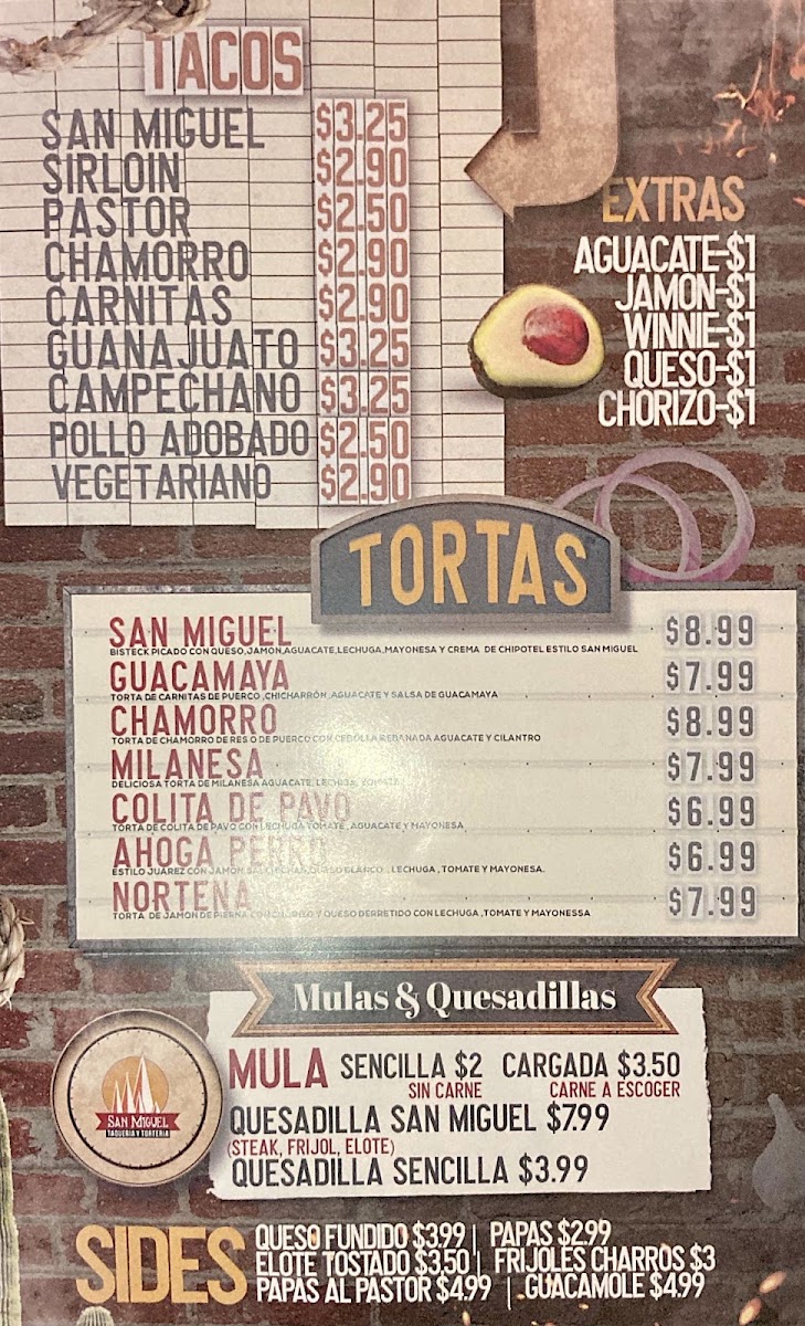 San Miguel Taqueria & Torteria menu board