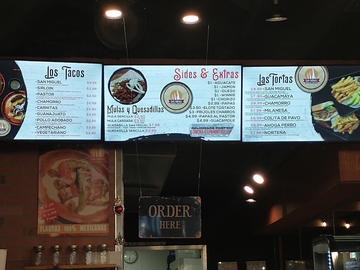 San Miguel Taqueria & Torteria menu board