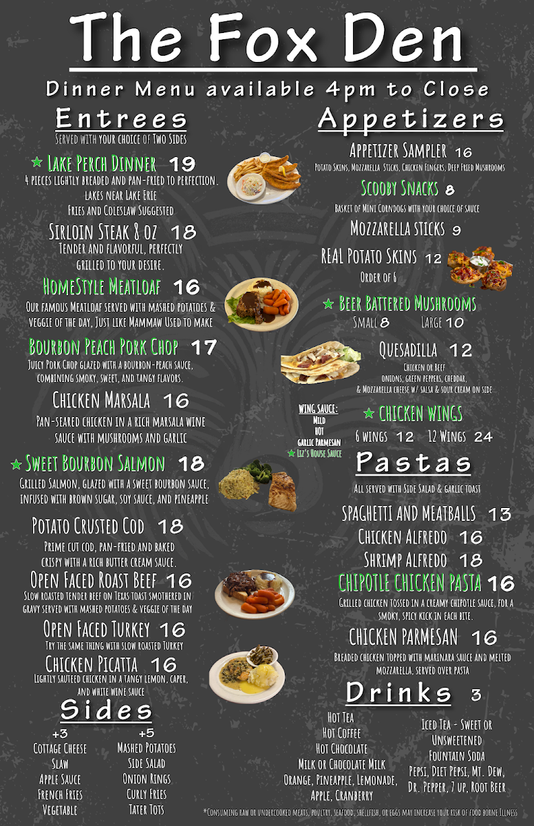 The Fox Den menu board