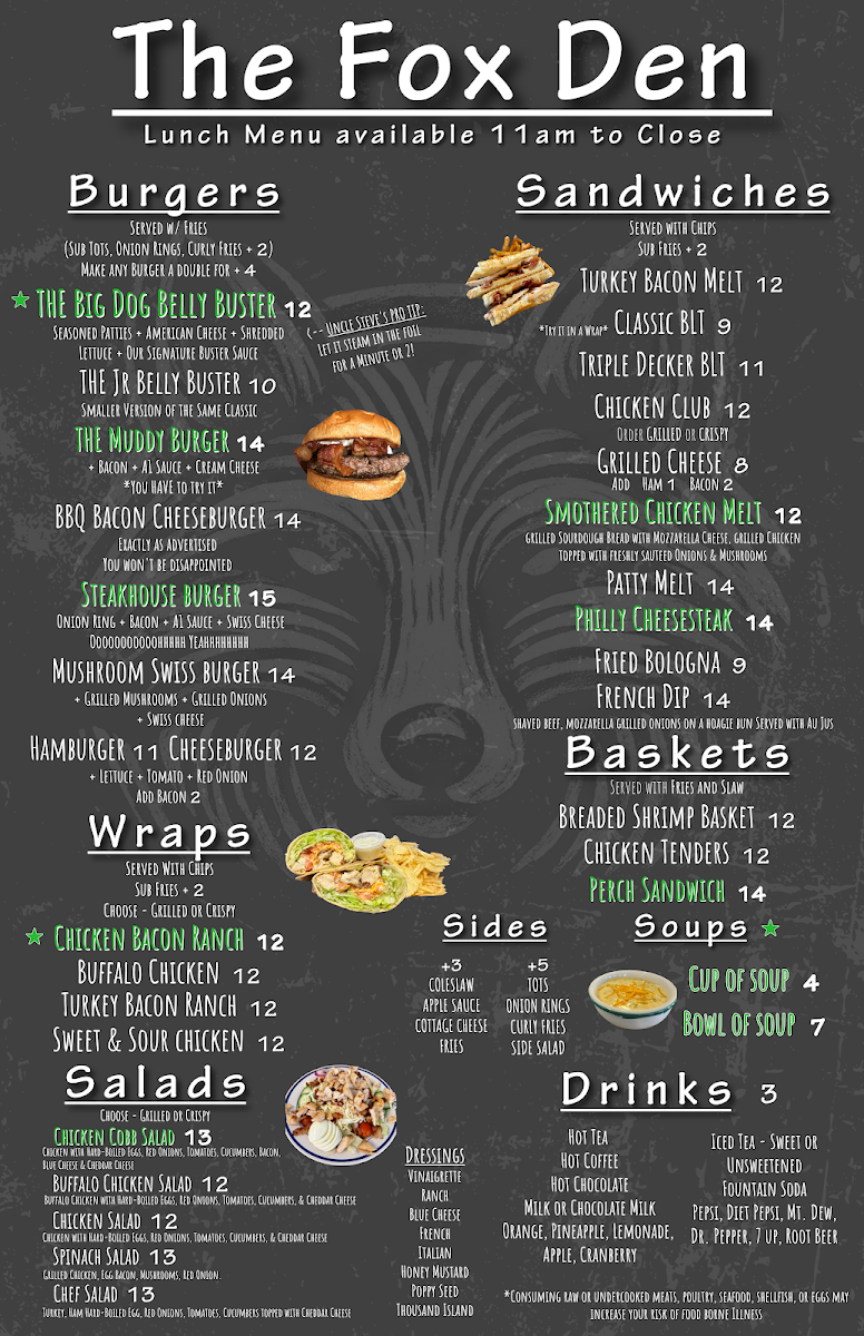 The Fox Den menu board