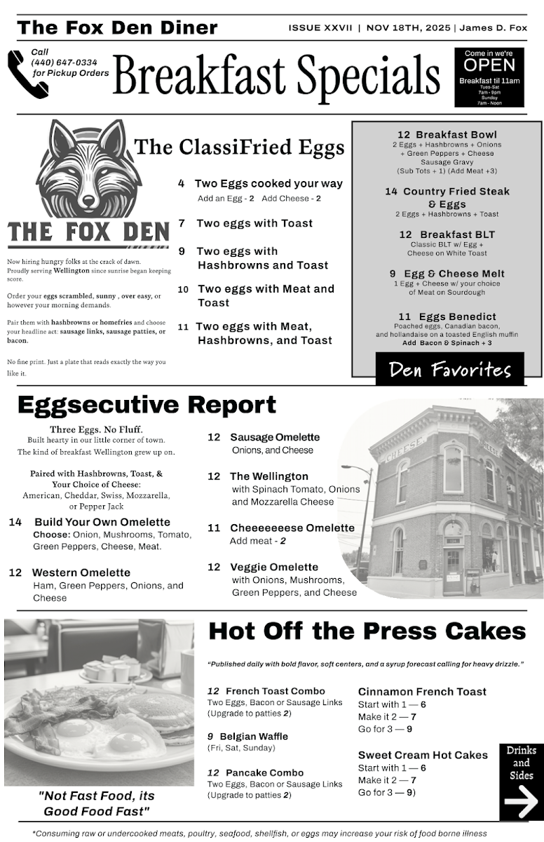 The Fox Den menu board