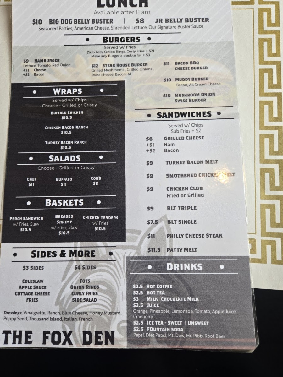 The Fox Den menu board