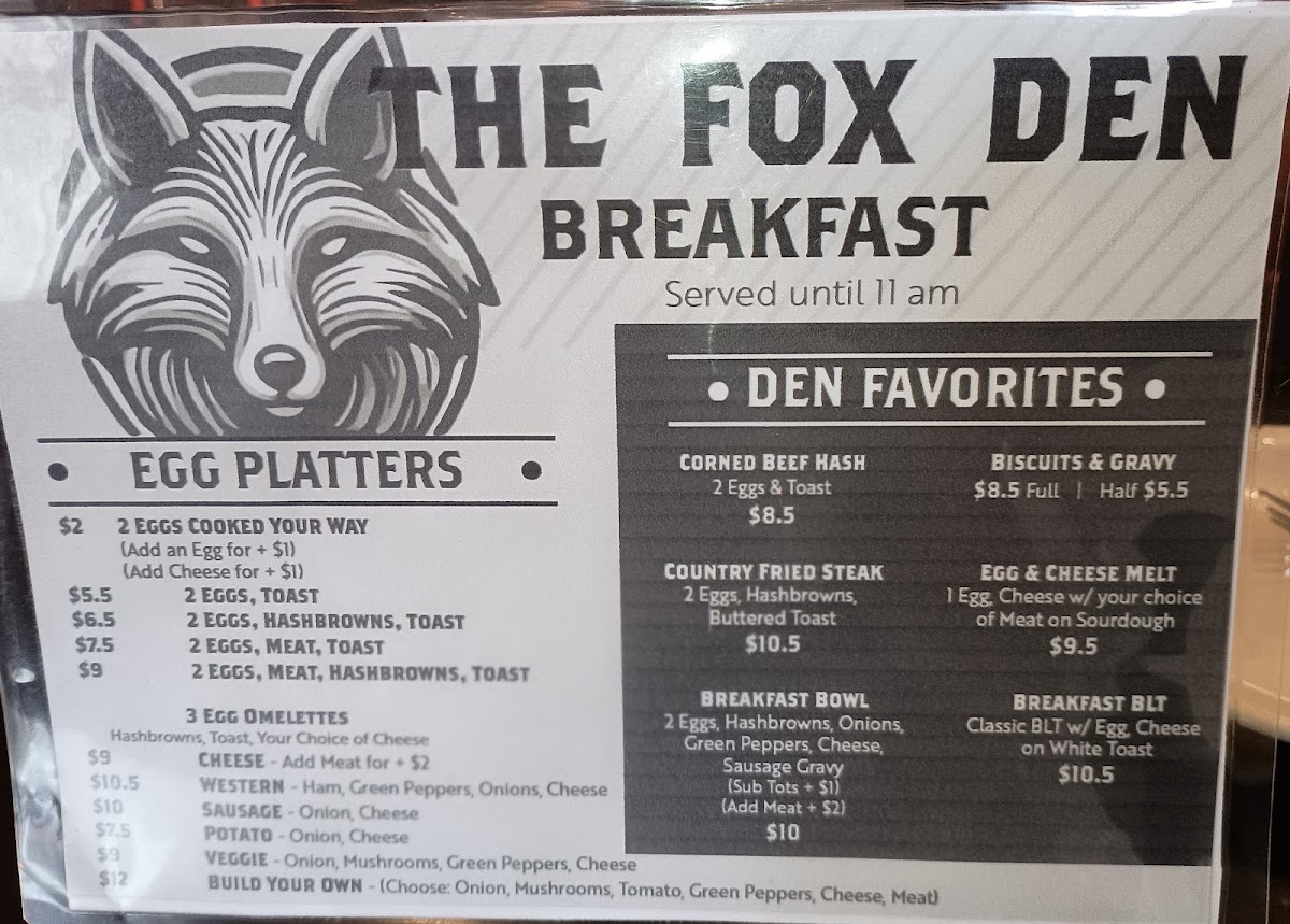 The Fox Den menu board