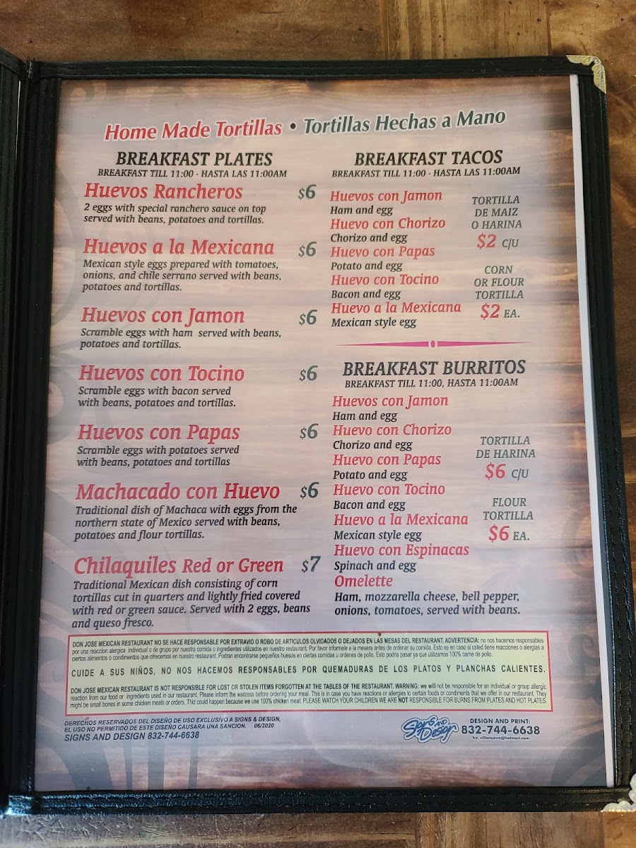 Don Jose Mexican Restaurant menu board