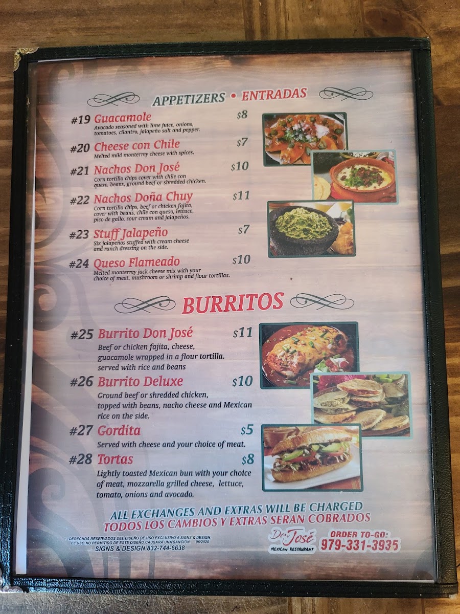 Don Jose Mexican Restaurant menu board