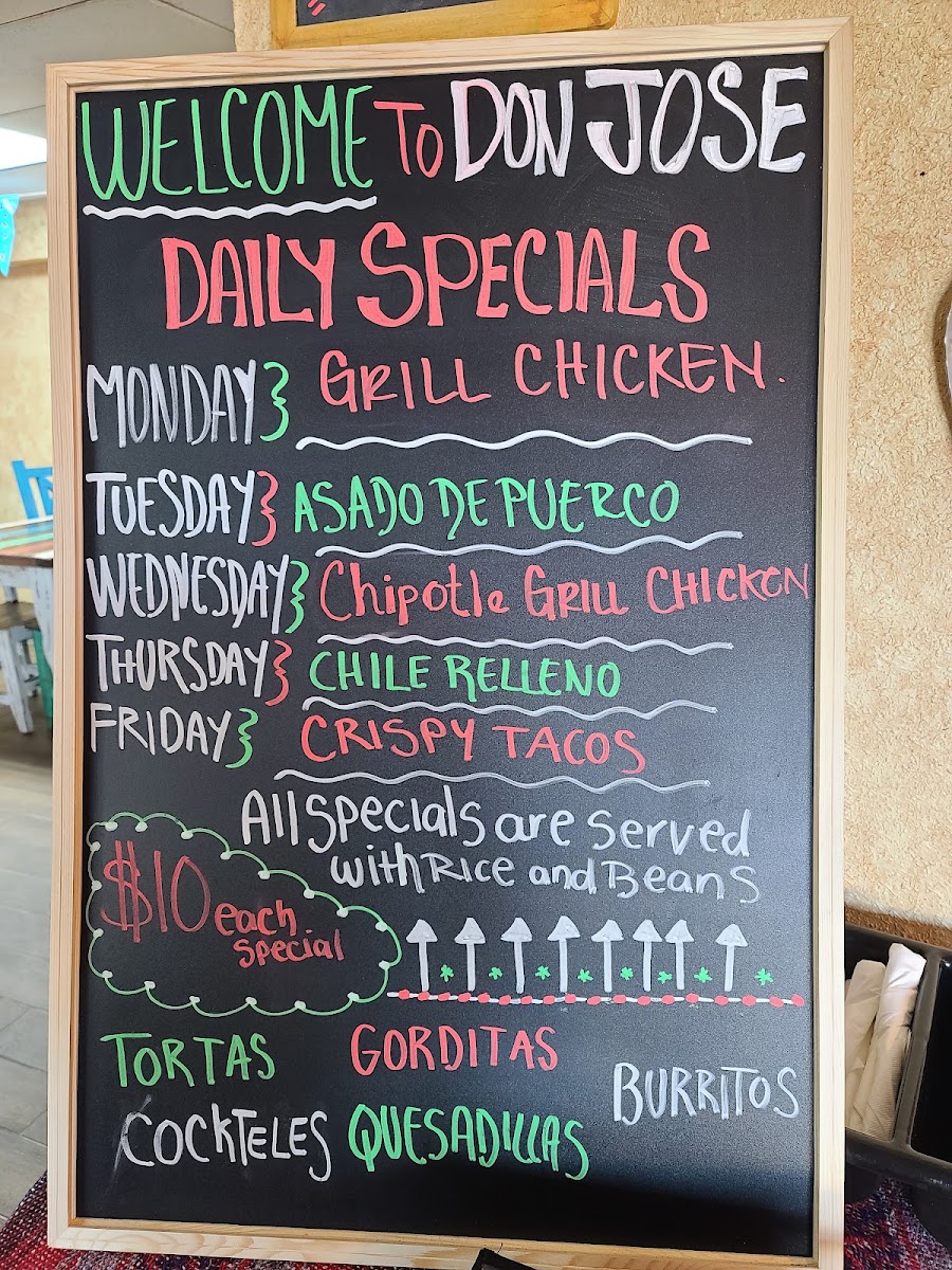 Don Jose Mexican Restaurant menu board