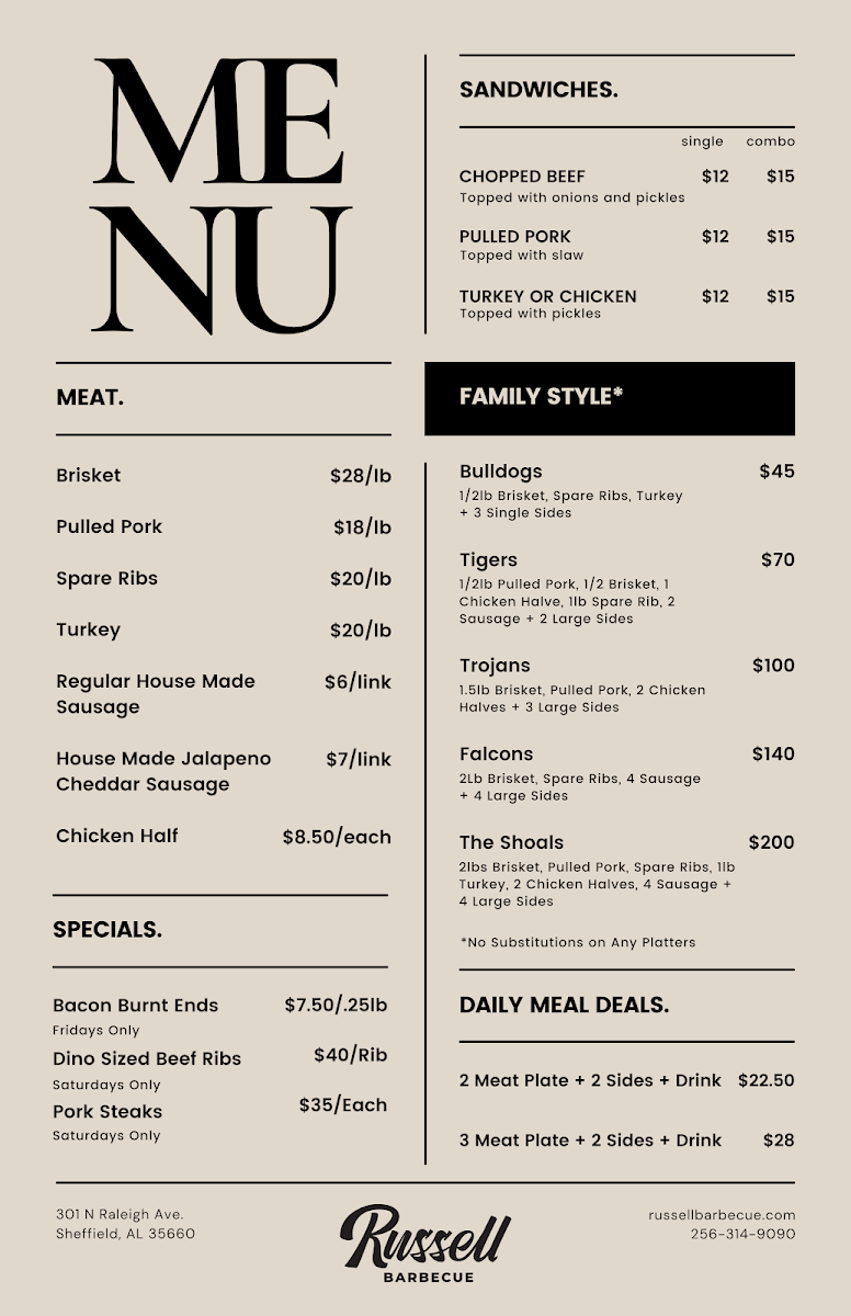 Russell Barbecue menu board