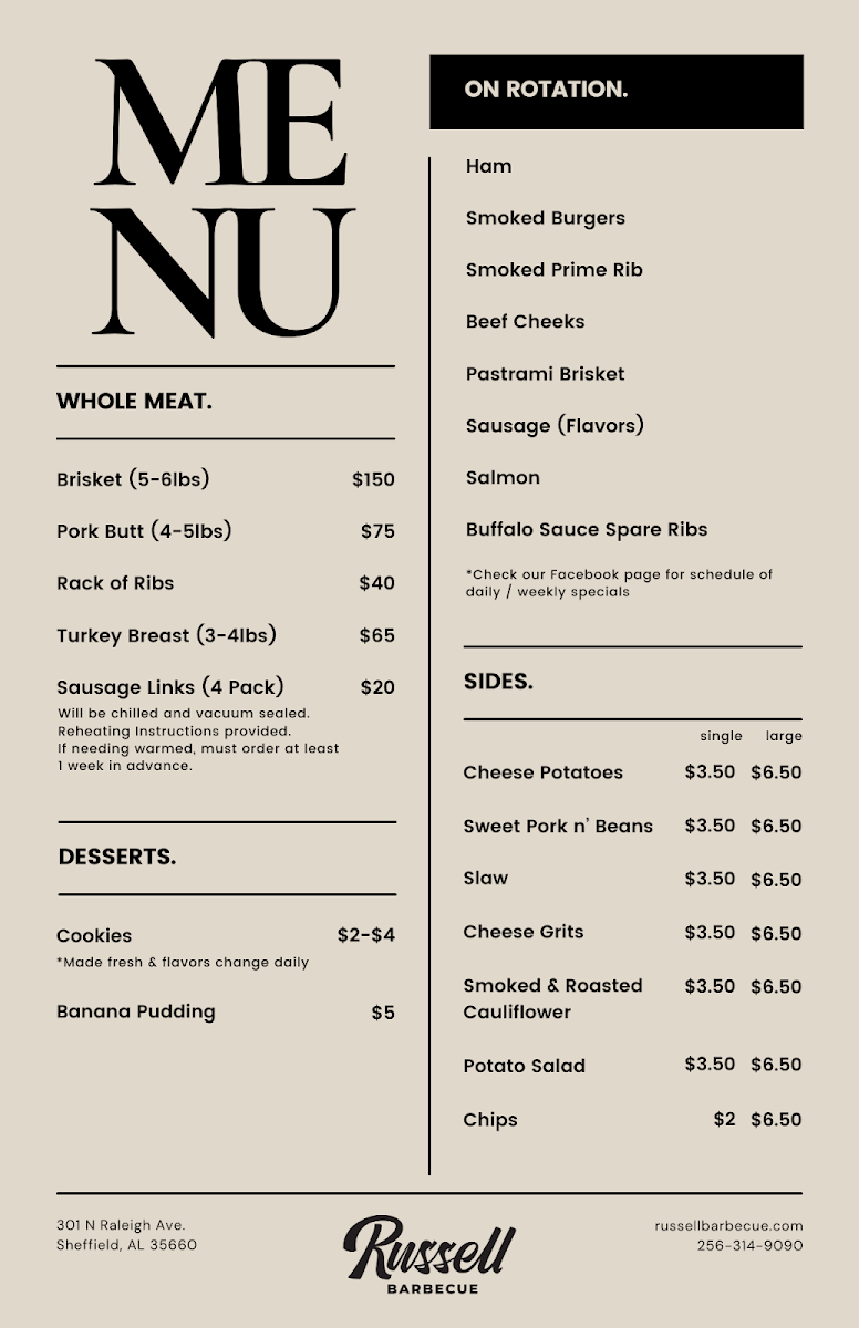 Russell Barbecue menu board