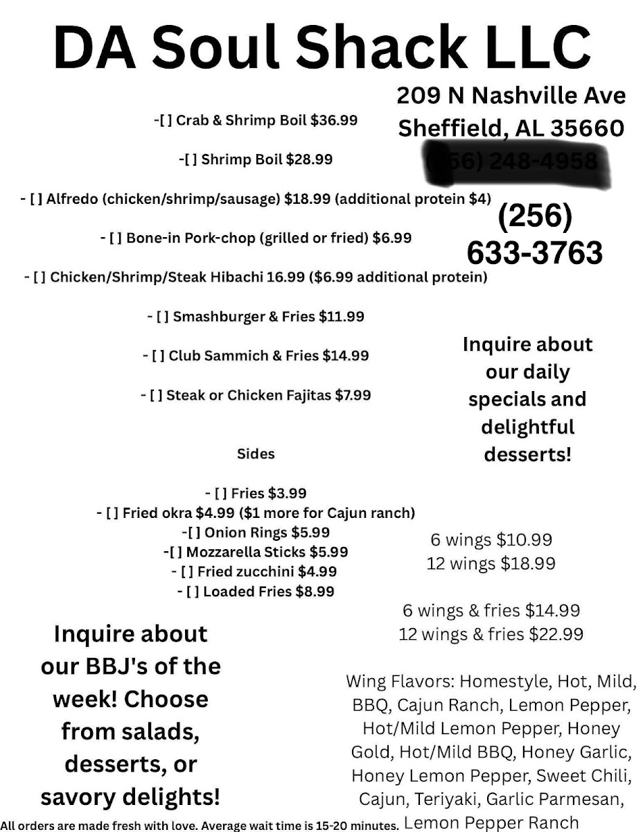 DA Soul Shack LLC menu board