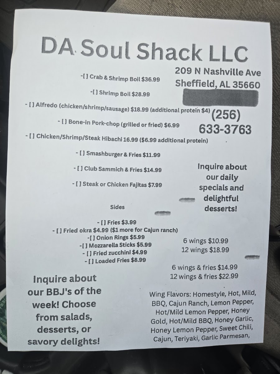 DA Soul Shack LLC menu board
