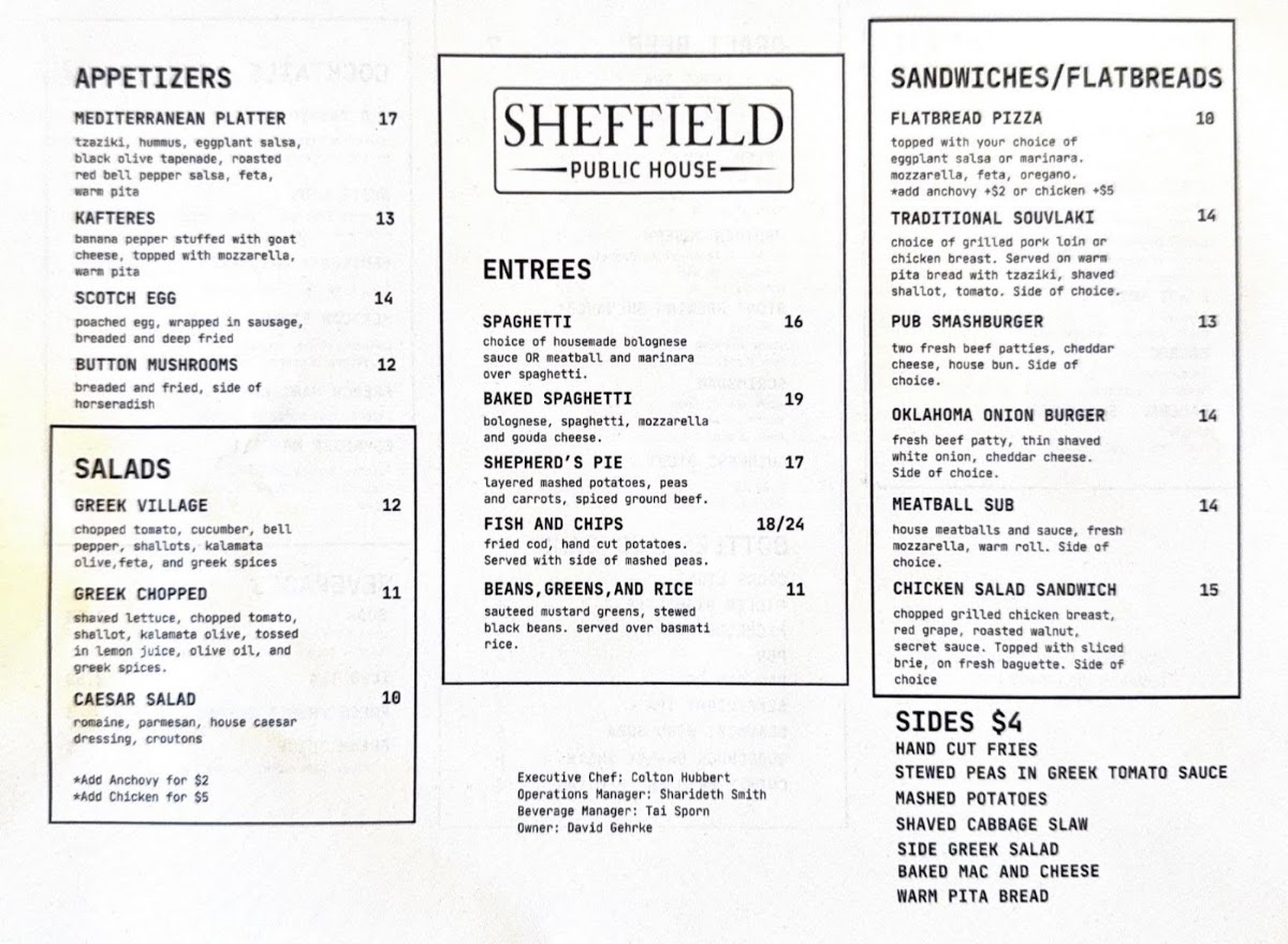 Sheffield Public House menu board