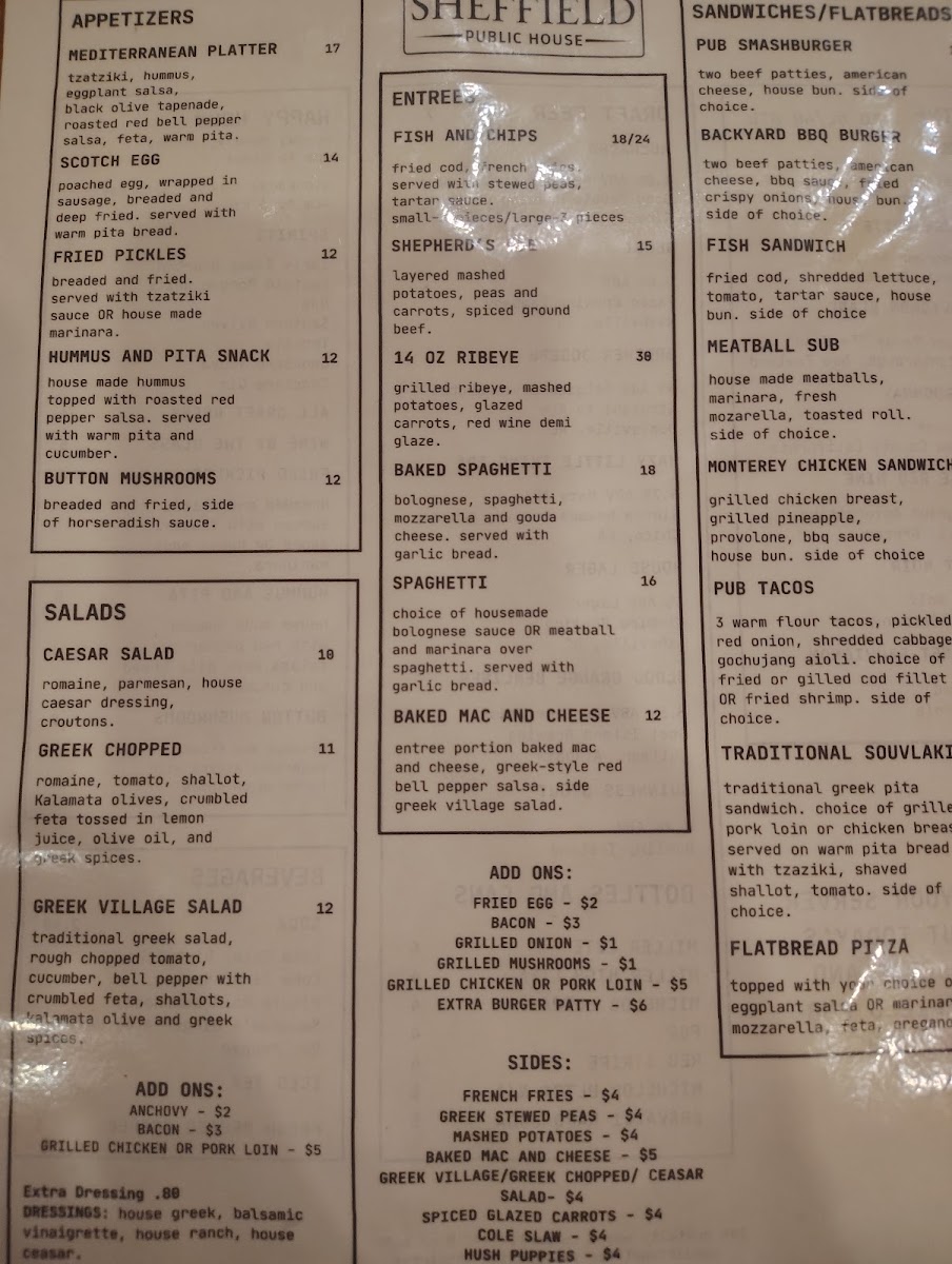 Sheffield Public House menu board