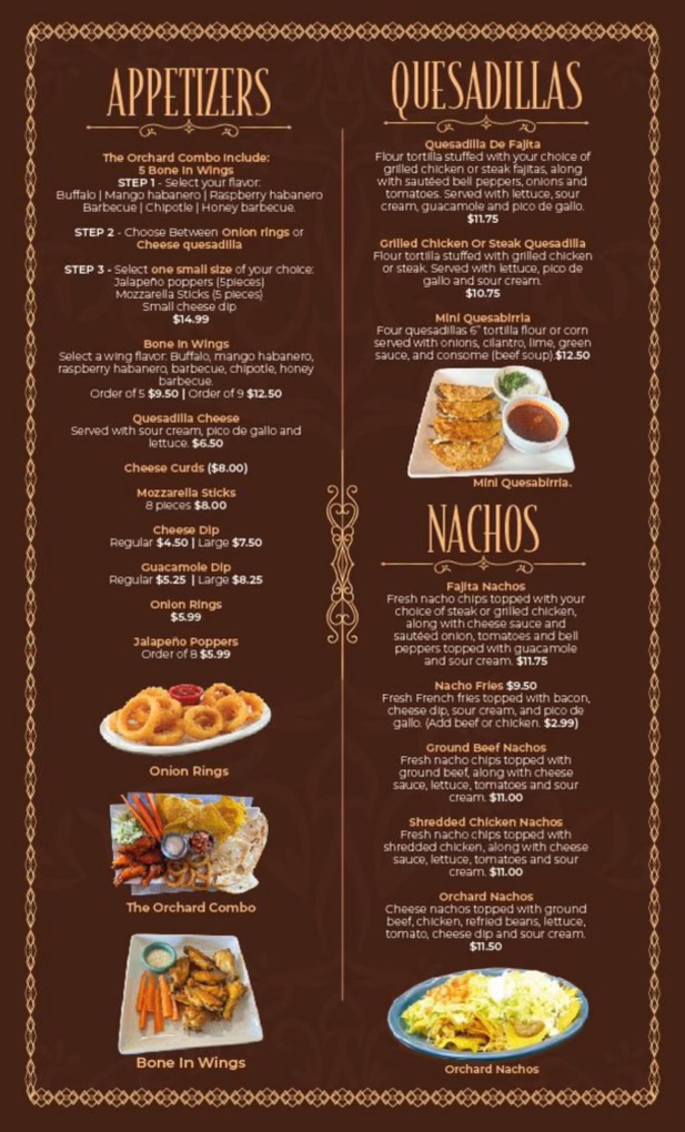 Orchard Family Restaurant menu board