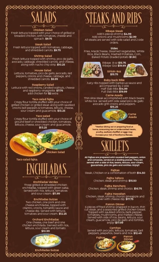 Orchard Family Restaurant menu board