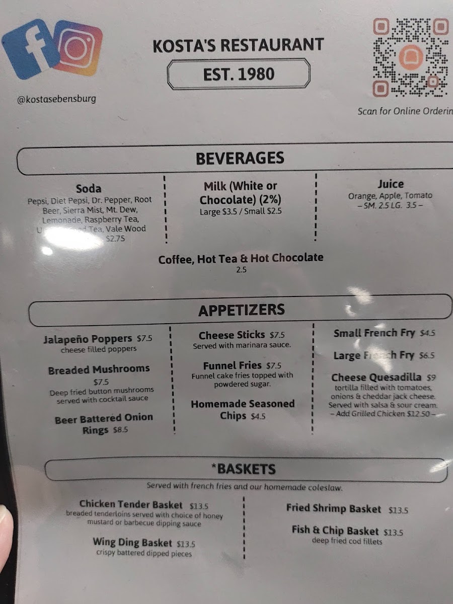 Kosta's Restaurant menu board
