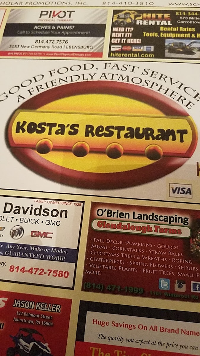 Kosta's Restaurant menu board