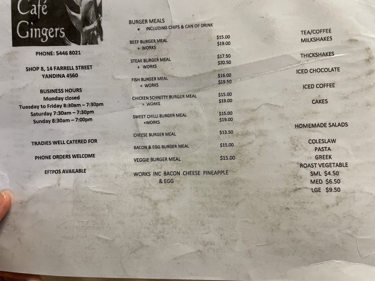 Cafe Gingers menu board