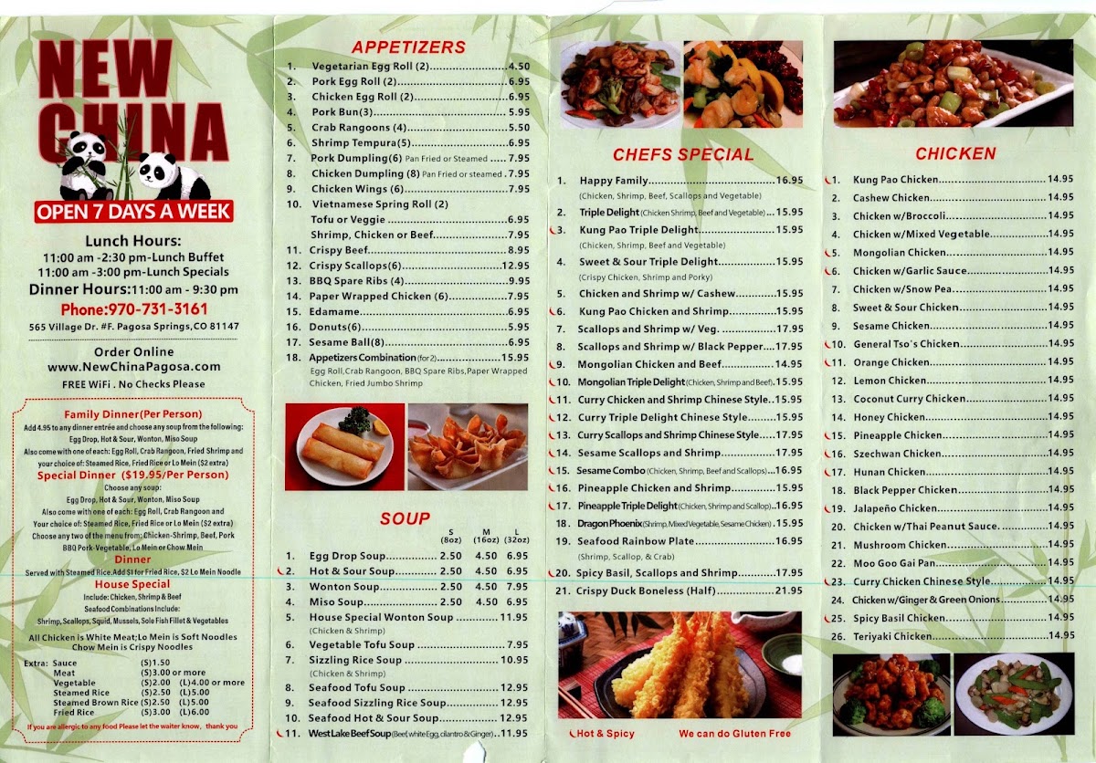 New China Chinese Restaurant menu board