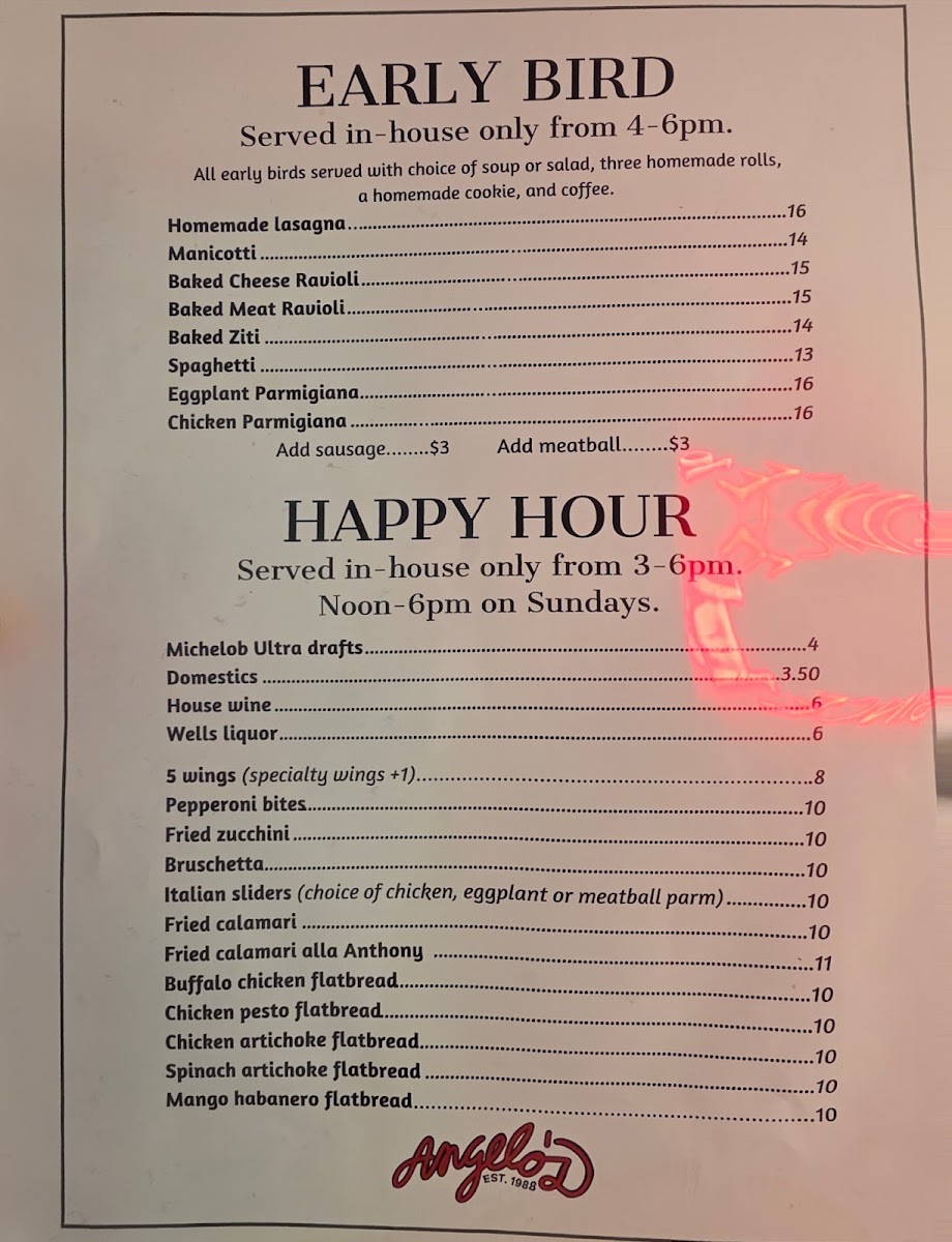 Angelo's Italian Restaurant, Stuart menu board