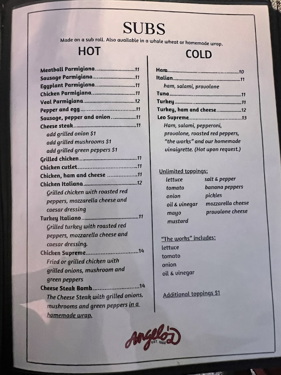 Angelo's Italian Restaurant, Stuart menu board