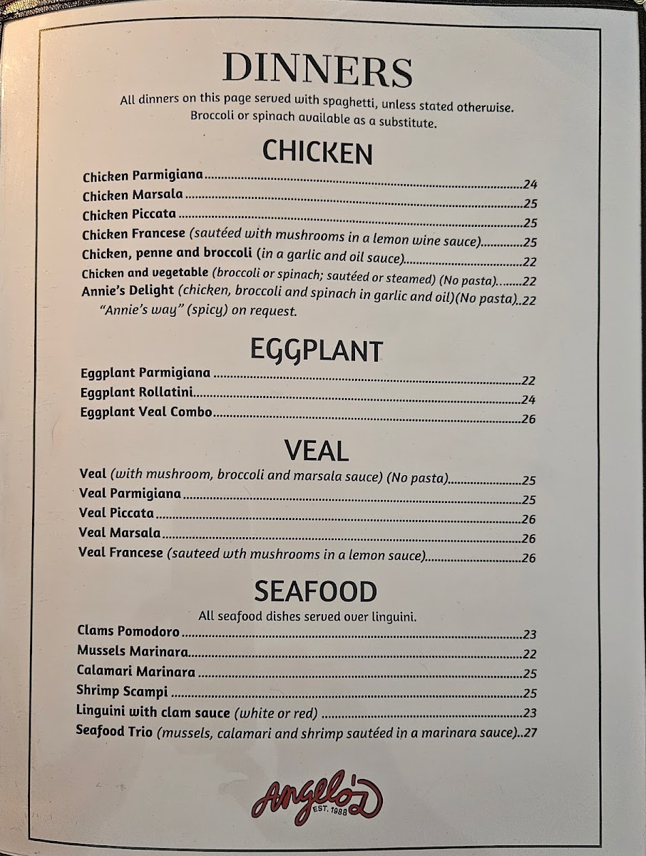 Angelo's Italian Restaurant, Stuart menu board