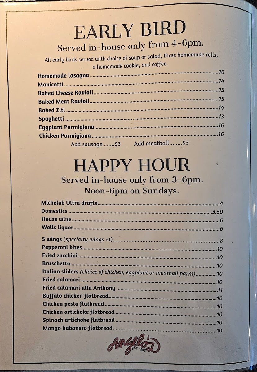 Angelo's Italian Restaurant, Stuart menu board