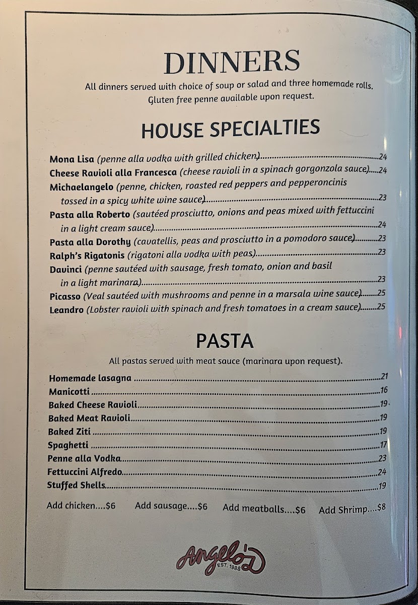 Angelo's Italian Restaurant, Stuart menu board