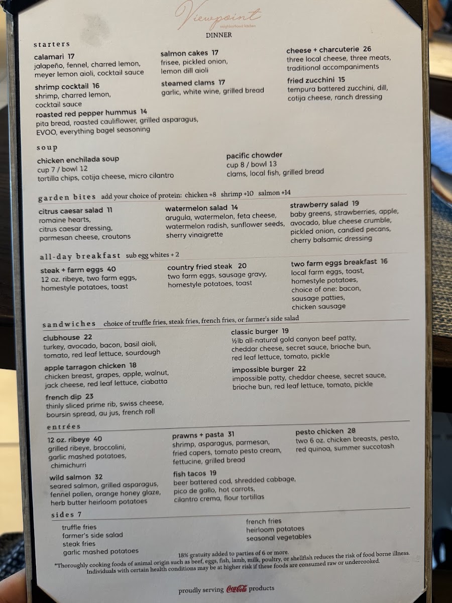 Viewpoint Kitchen + Bar menu board
