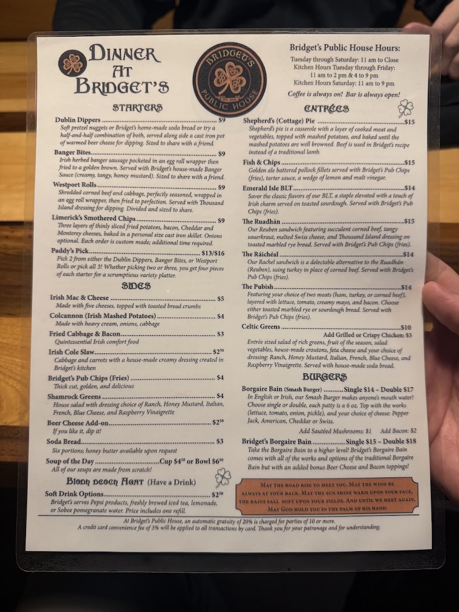 Bridget's Public House - Irish Pub menu board