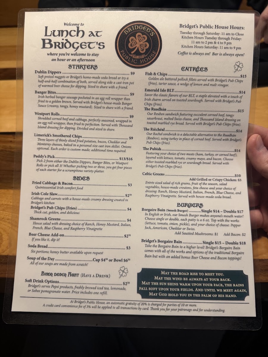Bridget's Public House - Irish Pub menu board