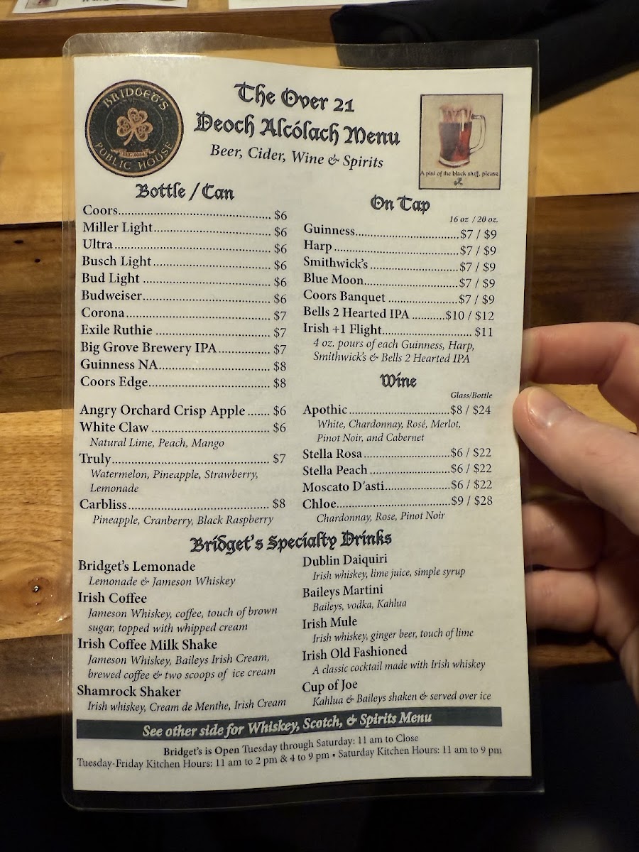 Bridget's Public House - Irish Pub menu board
