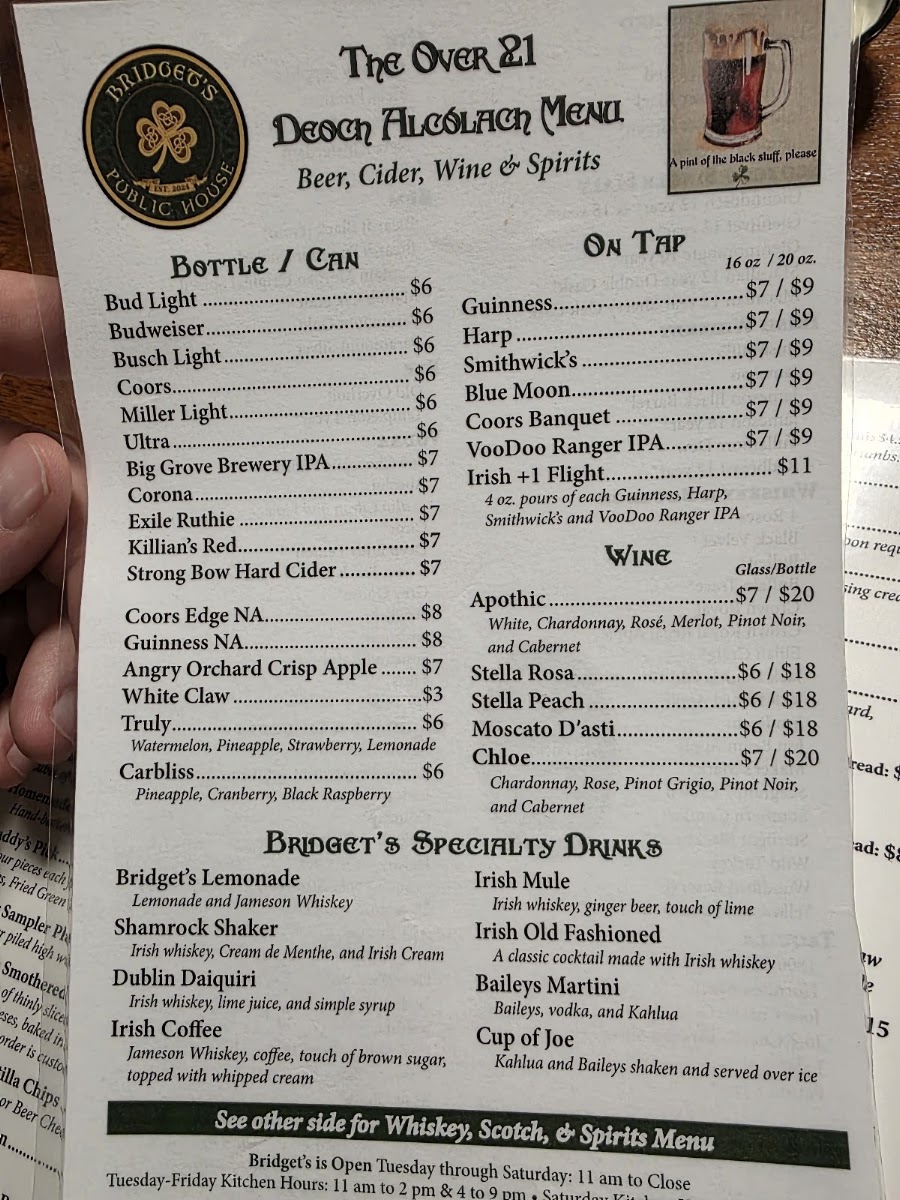 Bridget's Public House - Irish Pub menu board