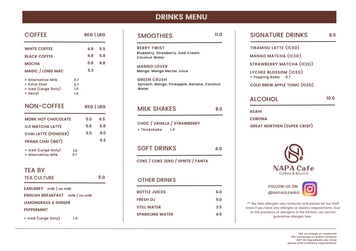 Napa Cafe Glen Iris menu board