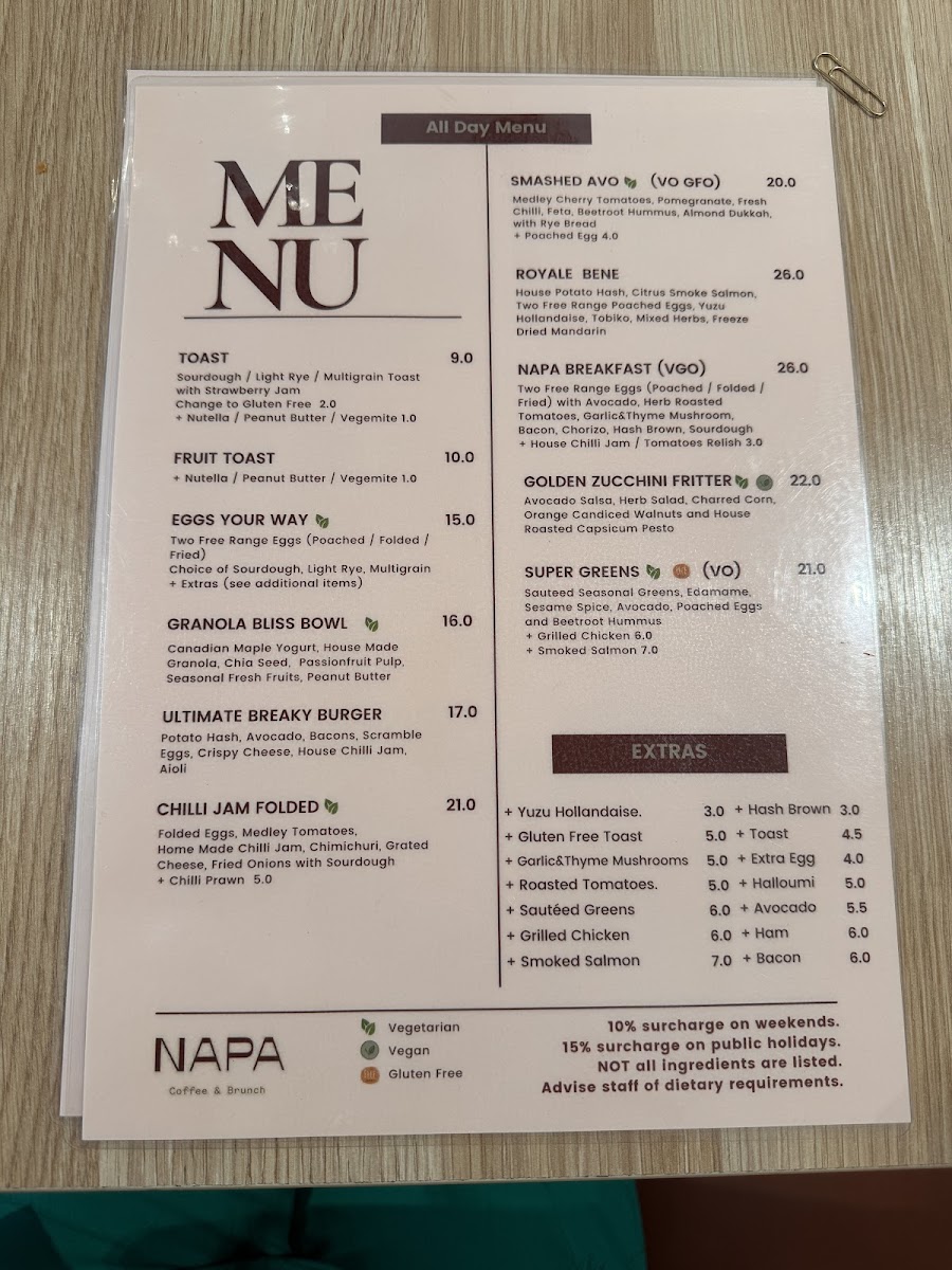 Napa Cafe Glen Iris menu board