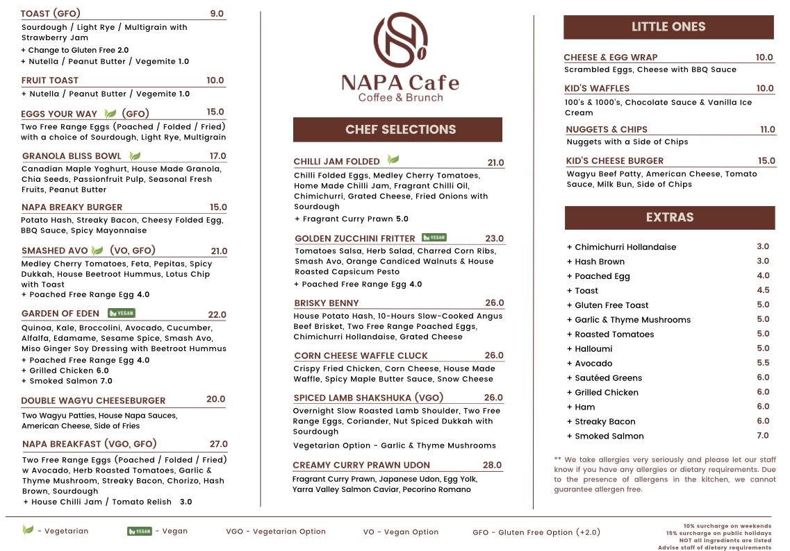 Napa Cafe Glen Iris menu board