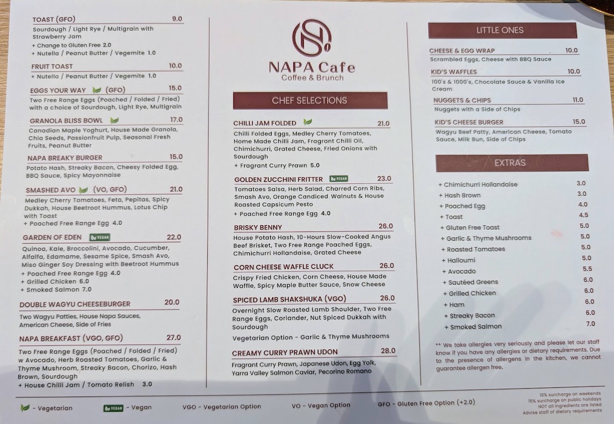 Napa Cafe Glen Iris menu board