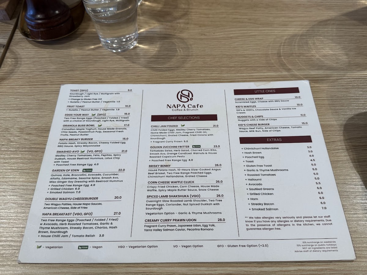 Napa Cafe Glen Iris menu board