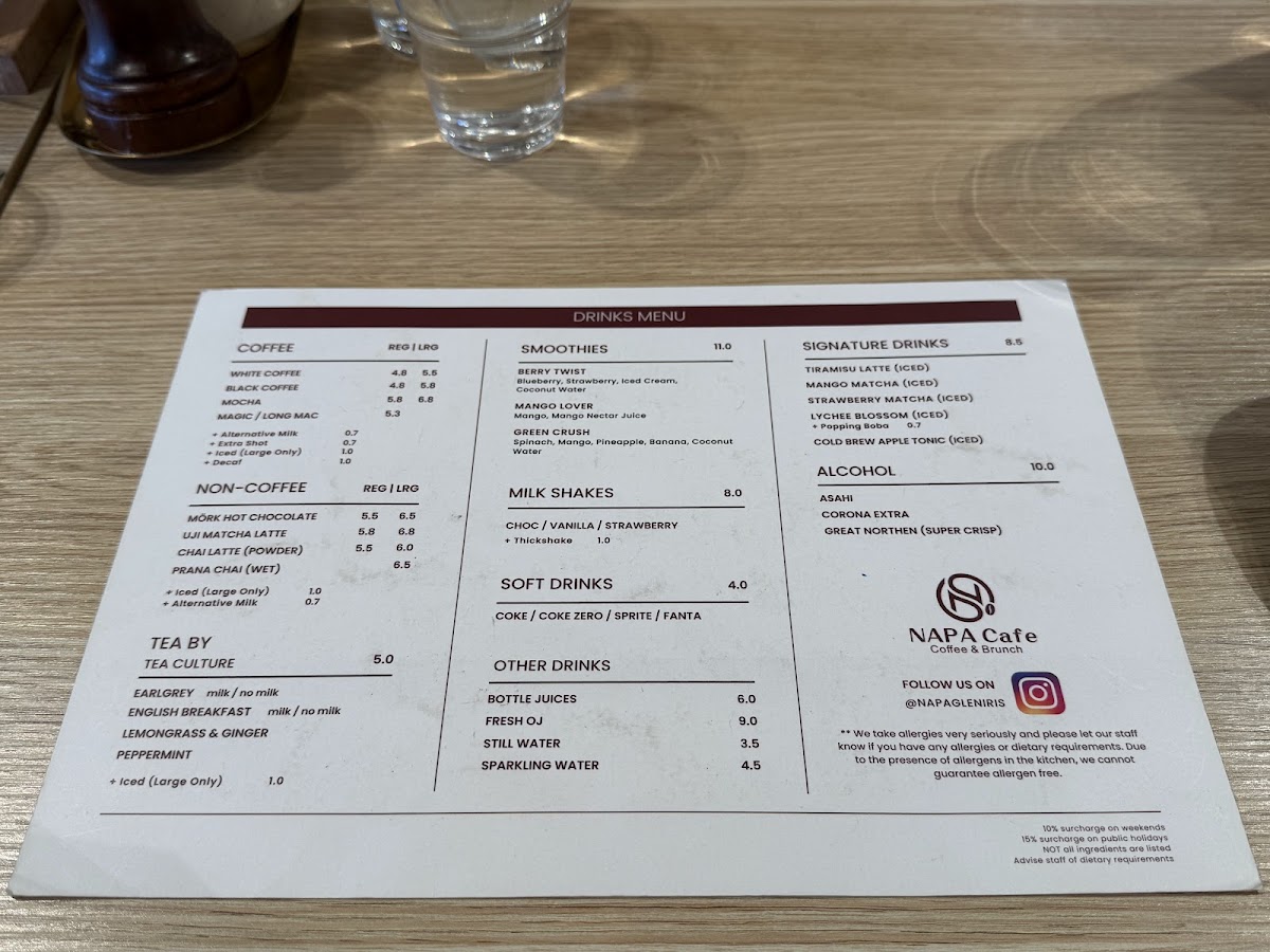 Napa Cafe Glen Iris menu board