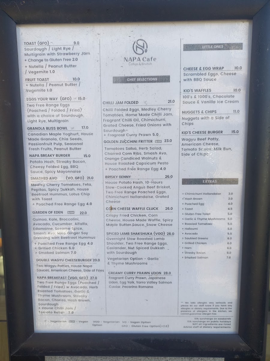 Napa Cafe Glen Iris menu board