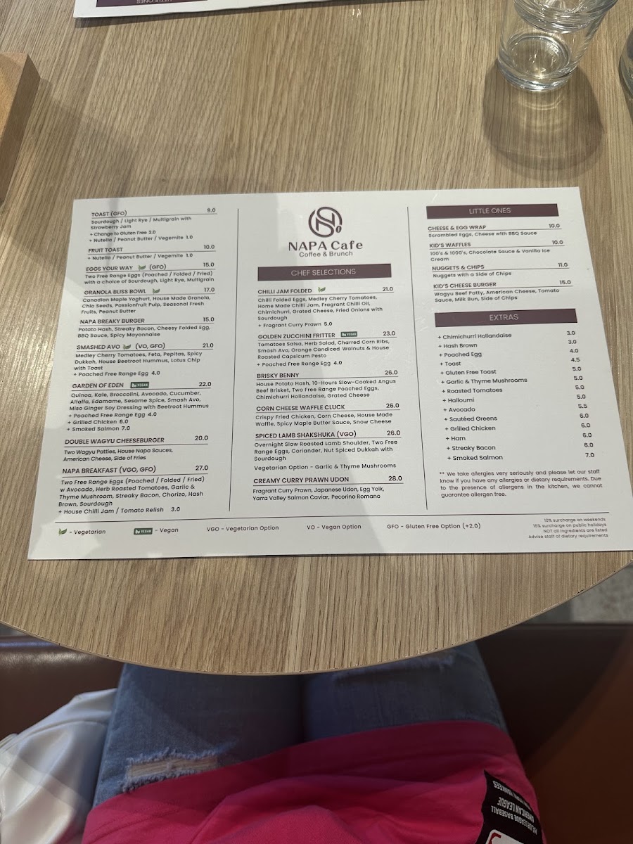 Napa Cafe Glen Iris menu board