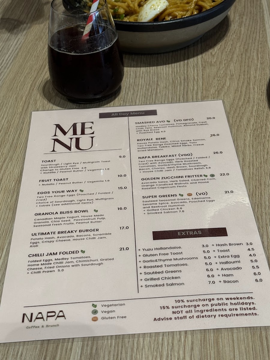 Napa Cafe Glen Iris menu board