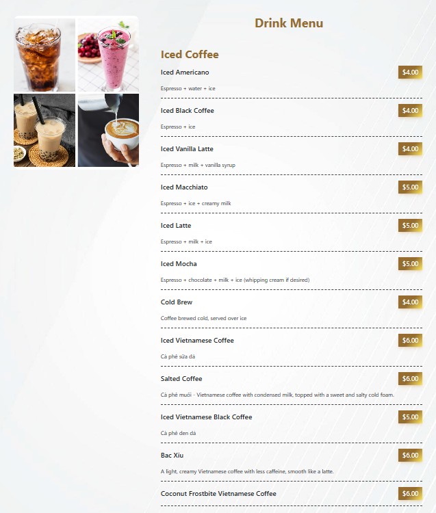 DateCafe – Pho, Coffee & Bubble Tea menu board