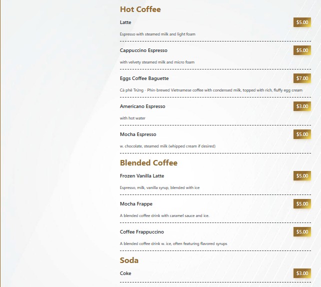 DateCafe – Pho, Coffee & Bubble Tea menu board