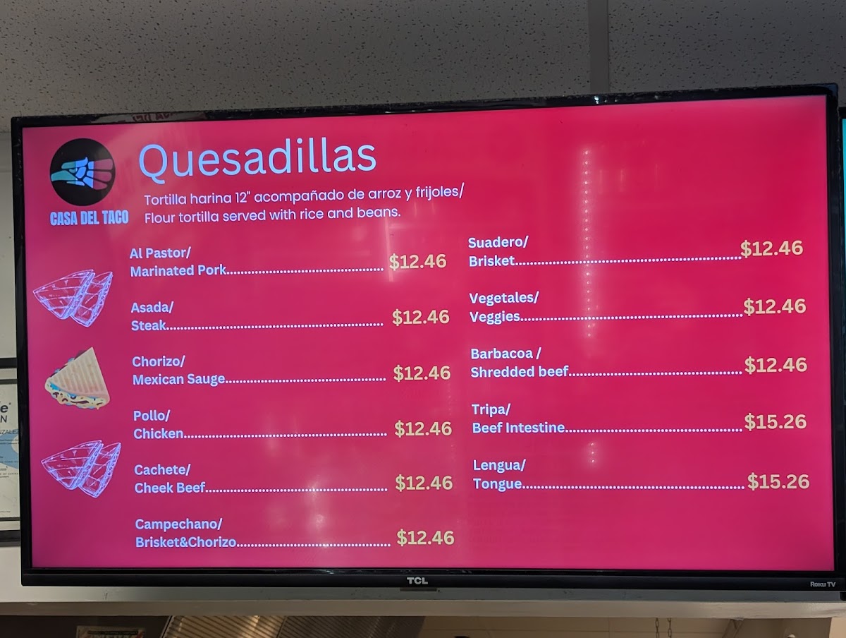 Casa Del Taco menu board