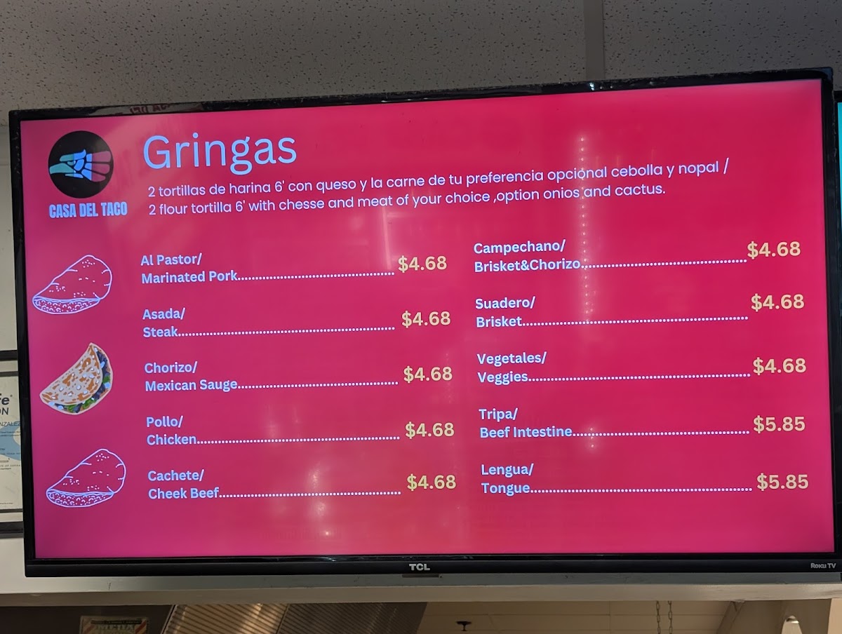 Casa Del Taco menu board