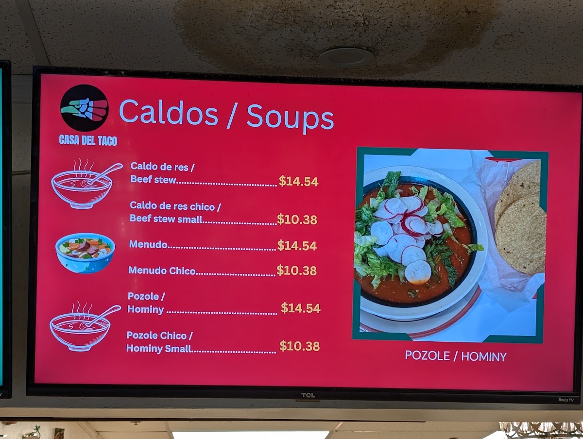 Casa Del Taco menu board