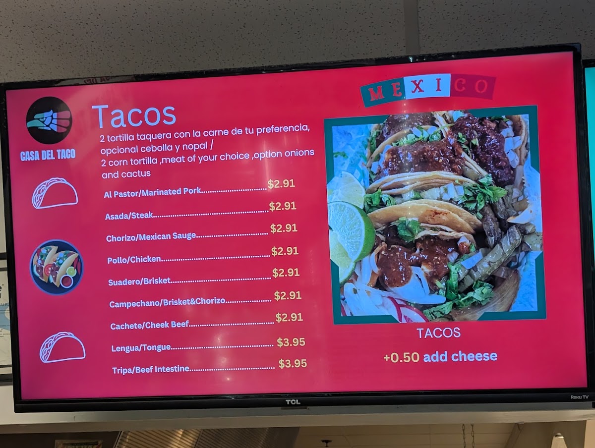 Casa Del Taco menu board