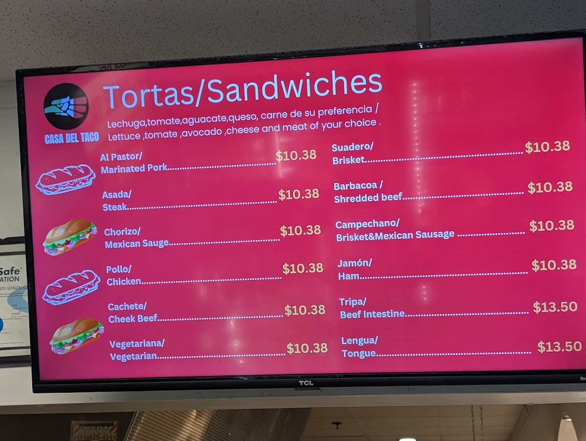 Casa Del Taco menu board