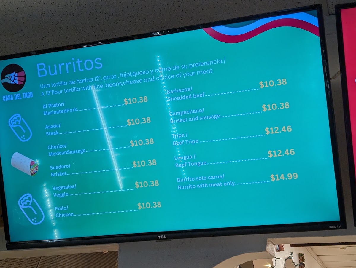 Casa Del Taco menu board