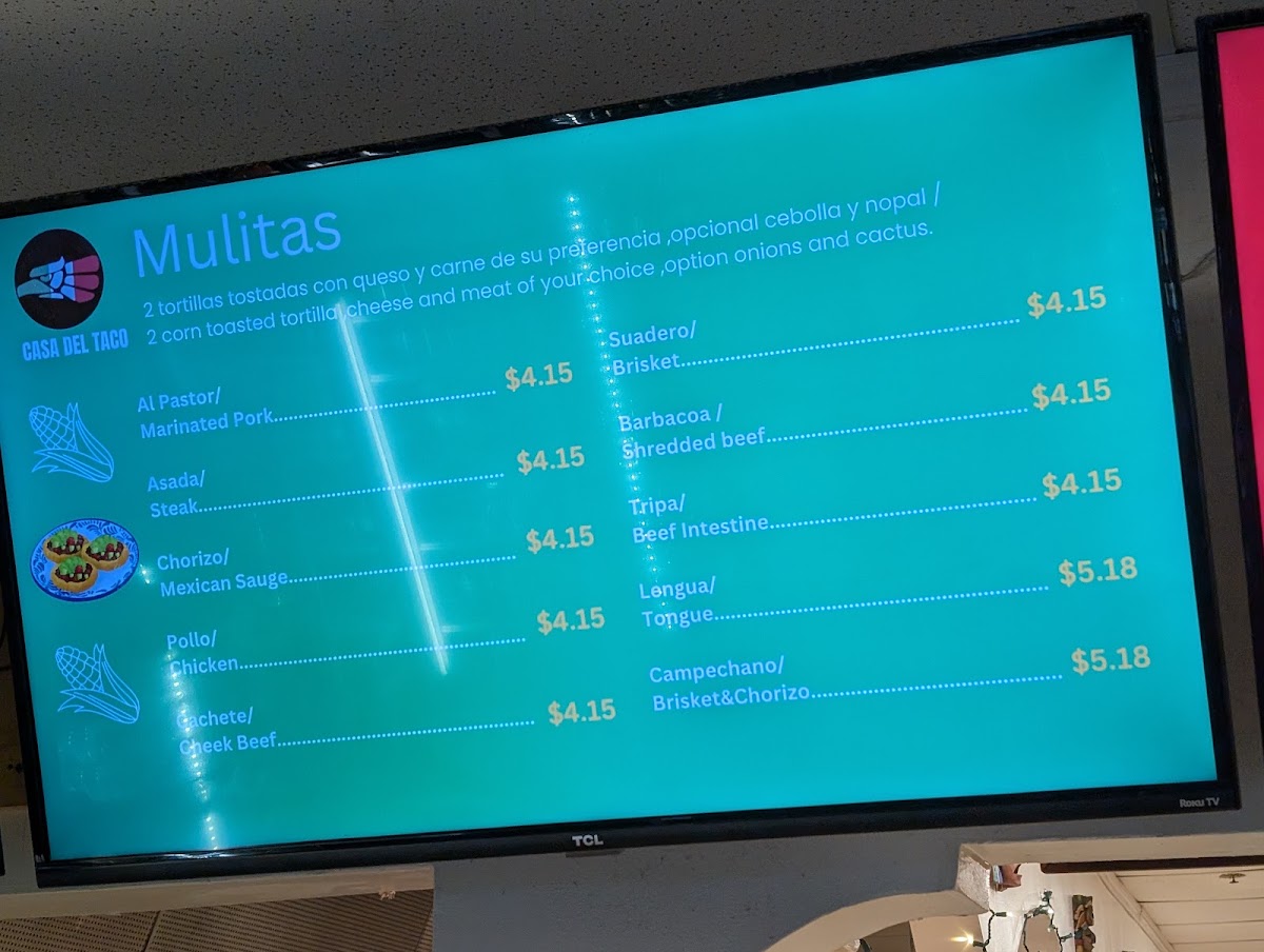 Casa Del Taco menu board